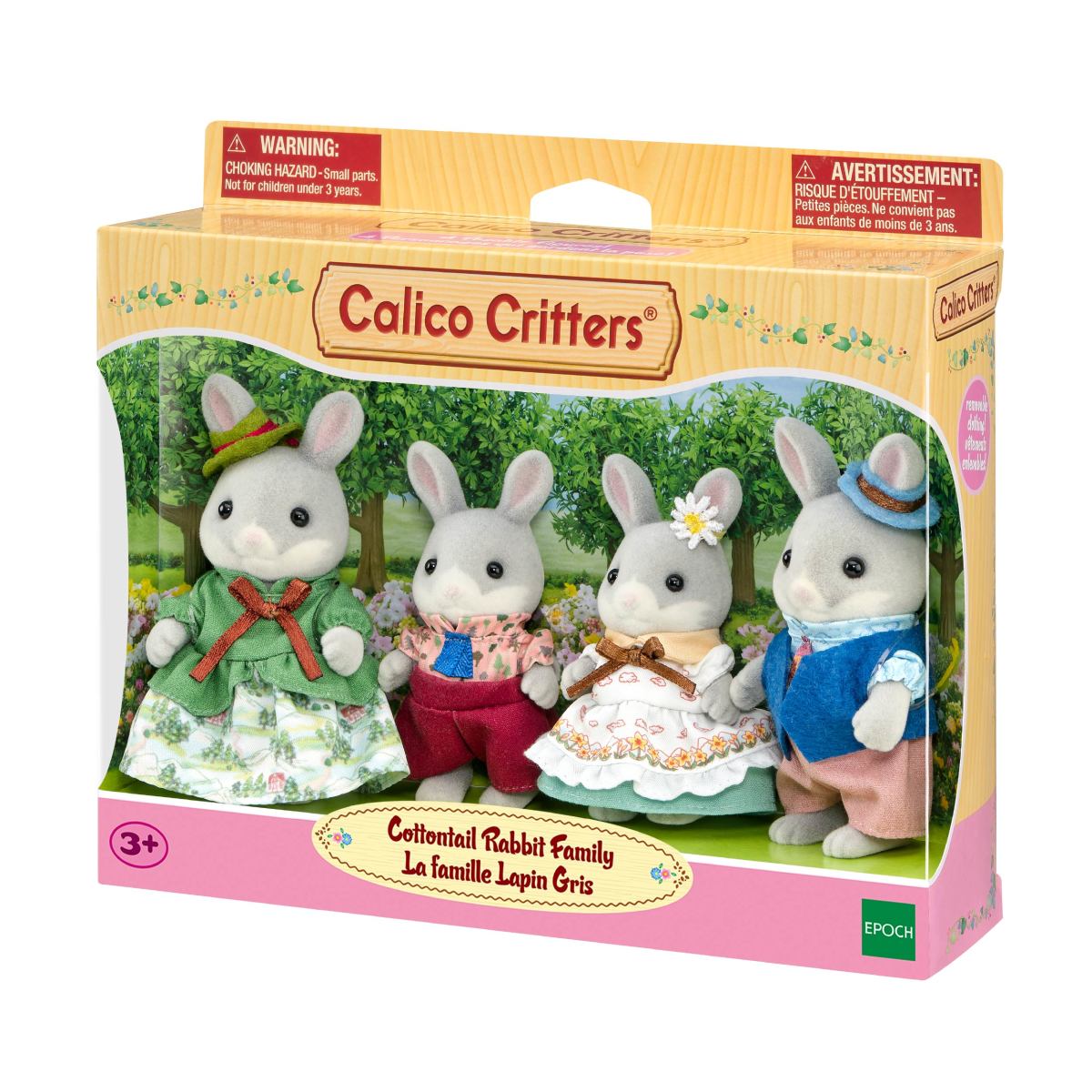Cottontail Rabbit Family boxed toy set with four dressed rabbit figures