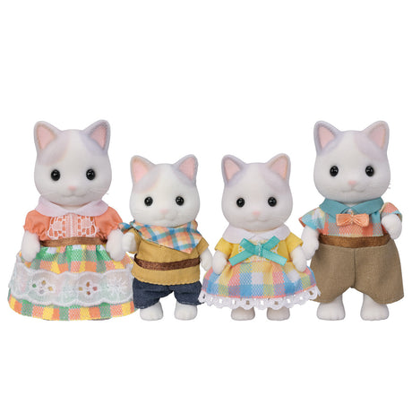 Latte Cat Family cat figures in colorful outfits with two adults and two children
