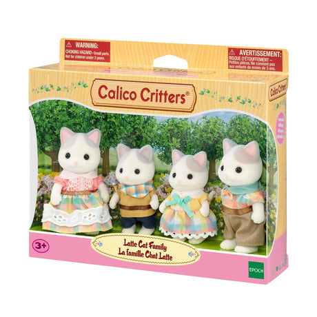 Latte Cat Family boxed set with four white cat figures in colorful outfits