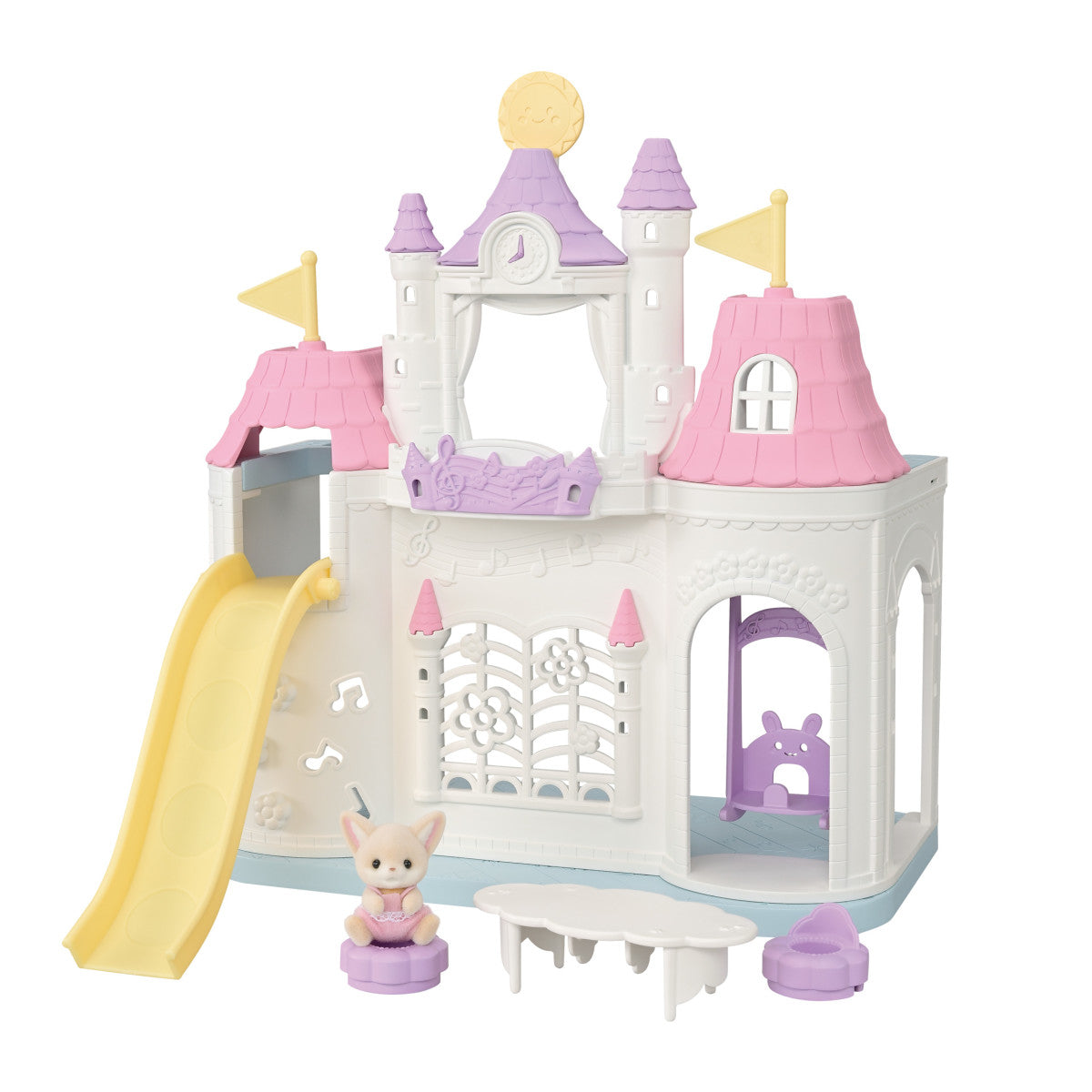 Playtime Castle Nursery toy castle with slide towers flags table and bunny figure