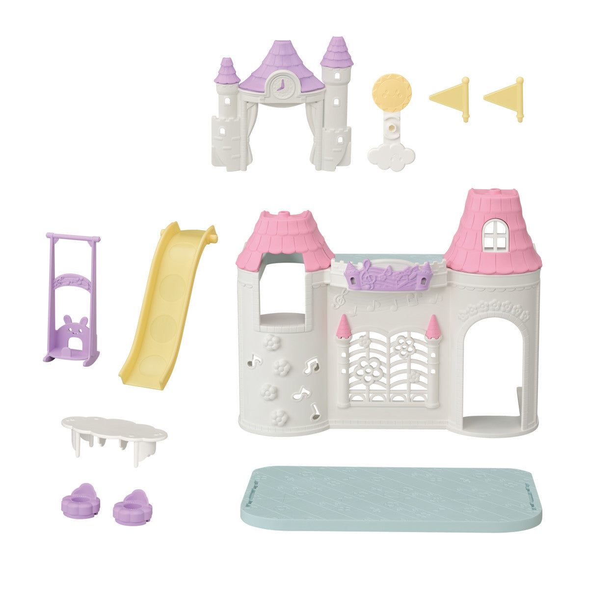 Playtime Castle Nursery playset with pink towers yellow slide swing table and accessories