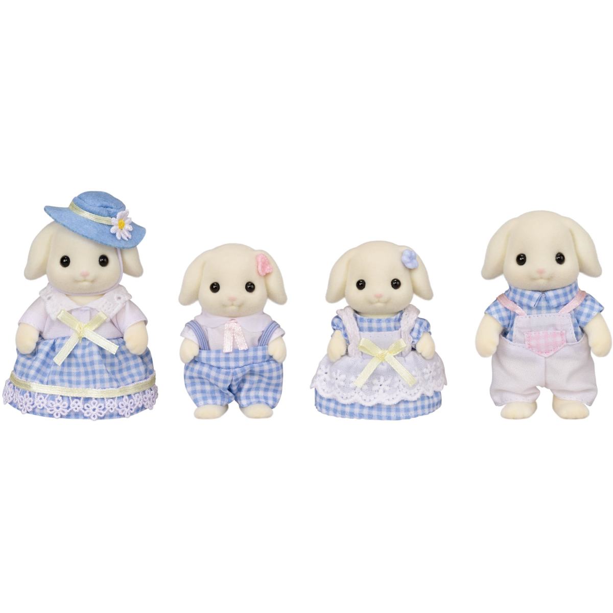 Flora Rabbit Family plush rabbit dolls in matching blue and white outfits