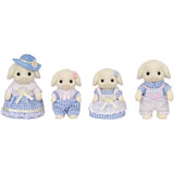 Flora Rabbit Family plush rabbit dolls in matching blue and white outfits
