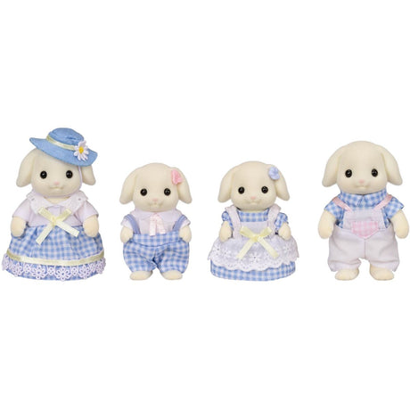 Flora Rabbit Family plush rabbit dolls in matching blue and white outfits