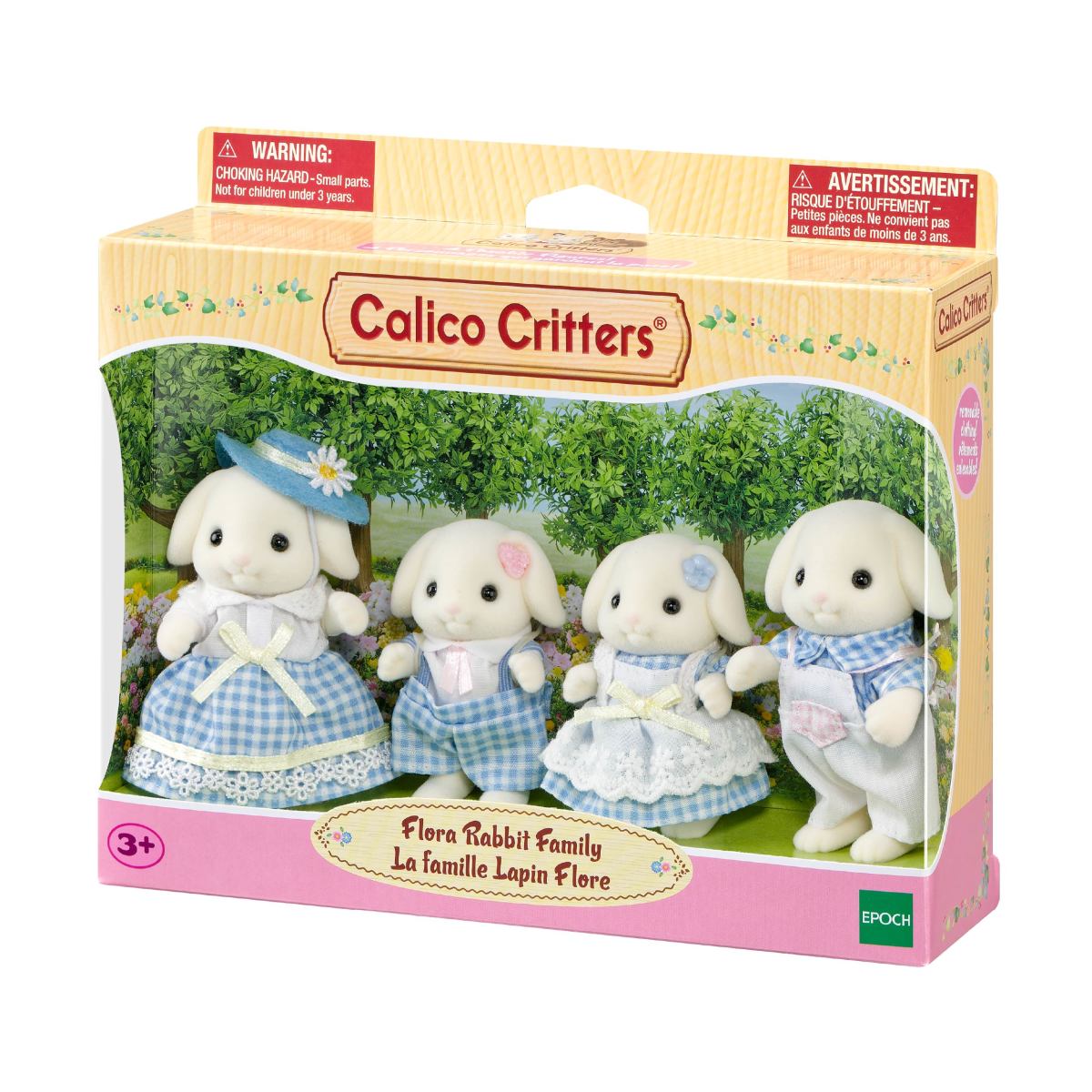 Flora Rabbit Family toy set in colorful packaging with four dressed rabbit figures