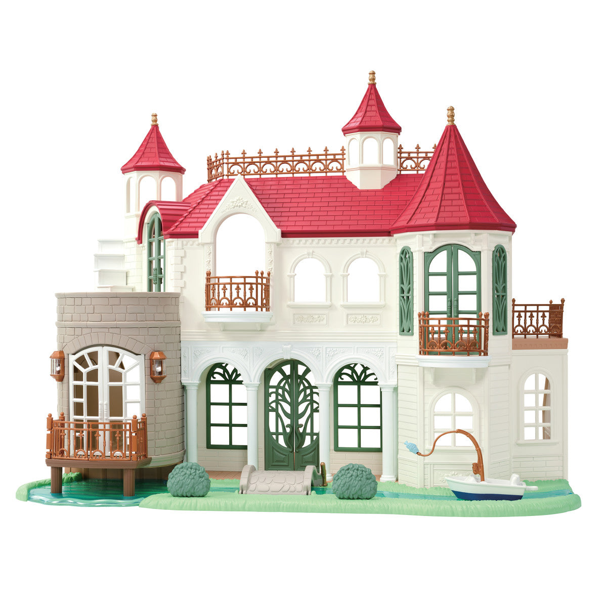 Red Roof Riverside Manor toy mansion playset with red turrets balconies and green windows