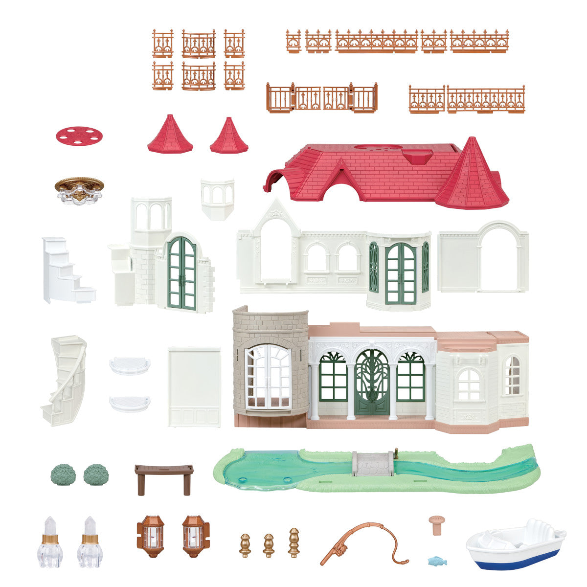 Red Roof Riverside Manor dollhouse with red roof white walls furniture and accessories