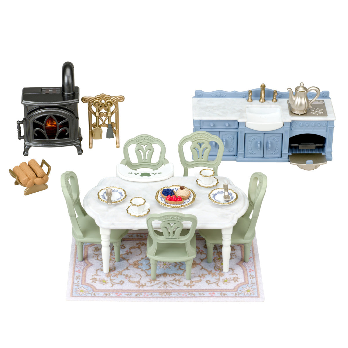 Elegant Dining Room miniature playset with dining table chairs kitchen cabinet stove fireplace and tea service
