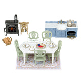 Elegant Dining Room miniature playset with dining table chairs kitchen cabinet stove fireplace and tea service