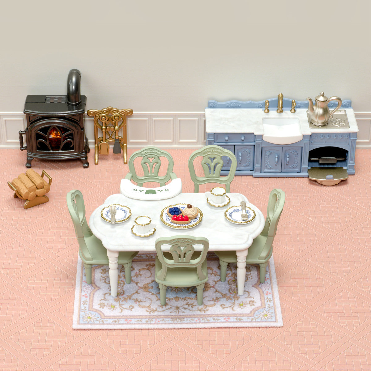 Elegant Dining Room miniature dining set with table chairs rug kitchen sink and stove