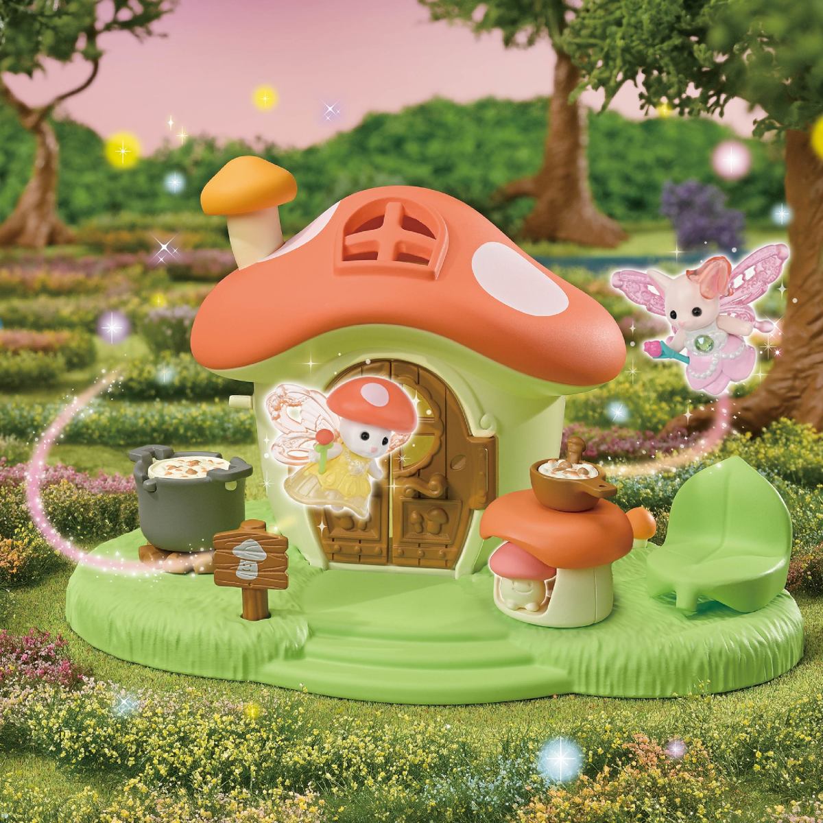Fairy Mushroom House with a whimsical mushroom cottage and fairies in an enchanted garden