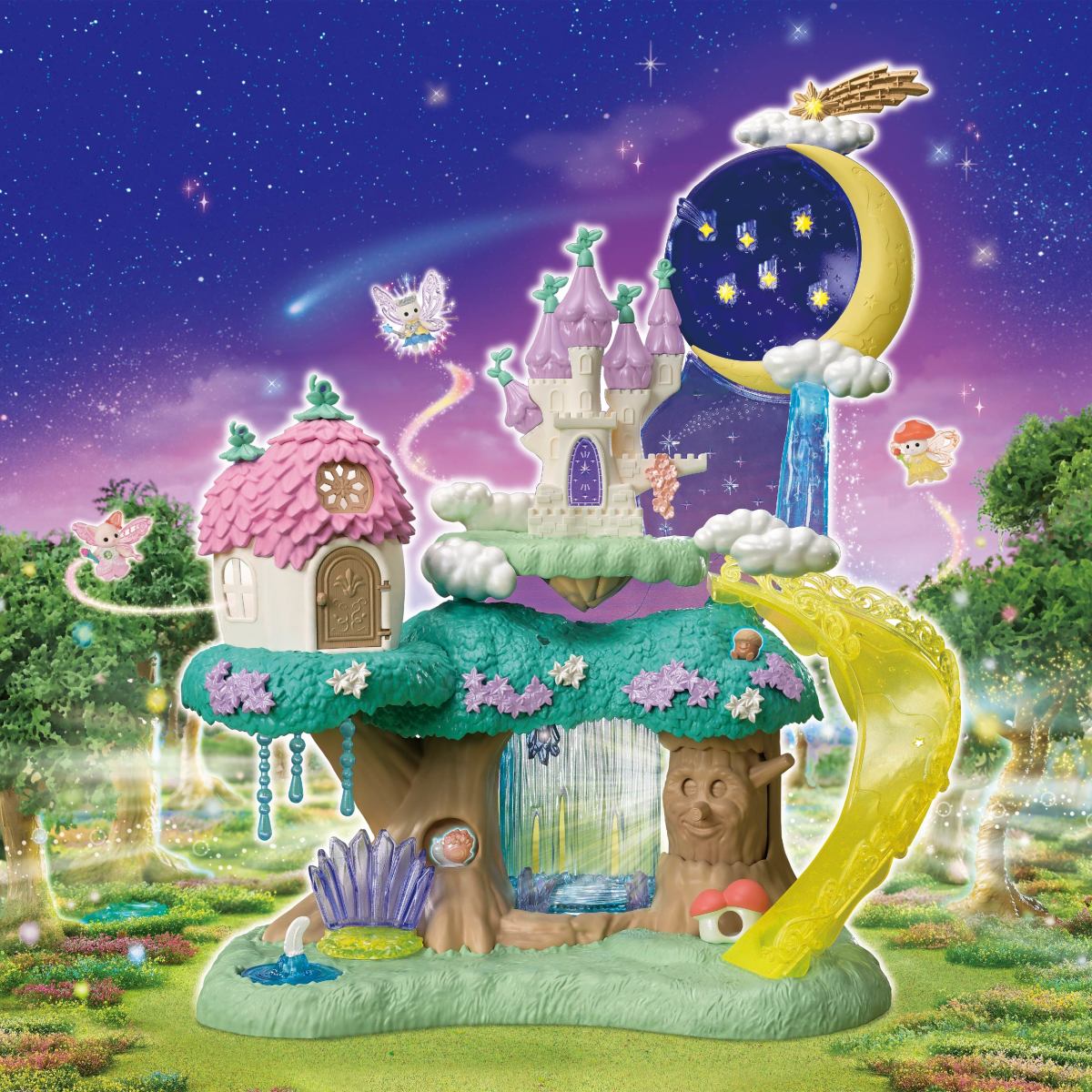 Woodland Wonder Fairy Castle with magical turrets a moon fountain treehouse and yellow slide in an enchanted forest