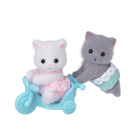 Persian Cat Twins plush cats riding in a blue toy carriage