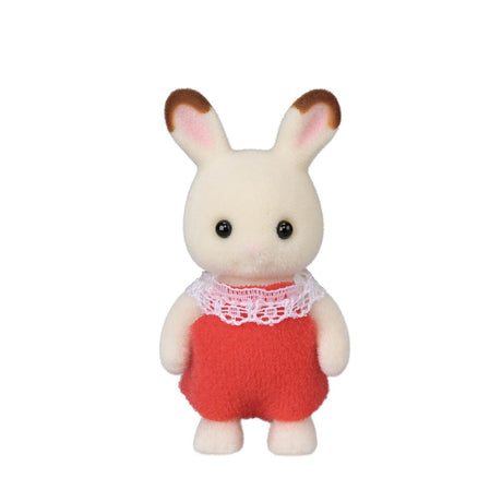 Chocolate Rabbit Baby plush toy wearing a red outfit with a white lace collar