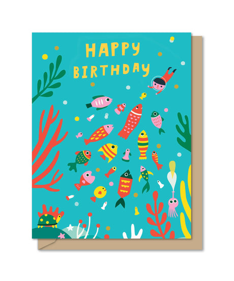 Colorful birthday card featuring whimsical fish and underwater plants with cheerful "Happy Birthday" text on blue background
