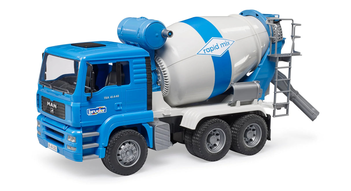 Blue and white toy cement mixer truck with ladder and rotating drum on white background