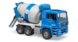 Blue and gray toy cement mixer truck with rotating drum, detailed cabin, and six wheels on white background