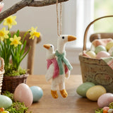 Mother Goose Felt Ornament featuring two felt geese hanging from a branch
