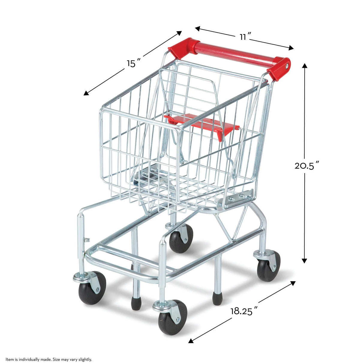 Miniature metal shopping cart with red handle and black wheels shown with product dimensions in inches