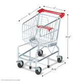 Miniature metal shopping cart with red handle and black wheels shown with product dimensions in inches