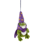 Wizard Frog Felt Ornament featuring a smiling green frog in a purple starry wizard hat