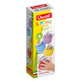 Colorful soft baby toys in purple, blue, yellow, and red with musical sounds for infants aged six months and up