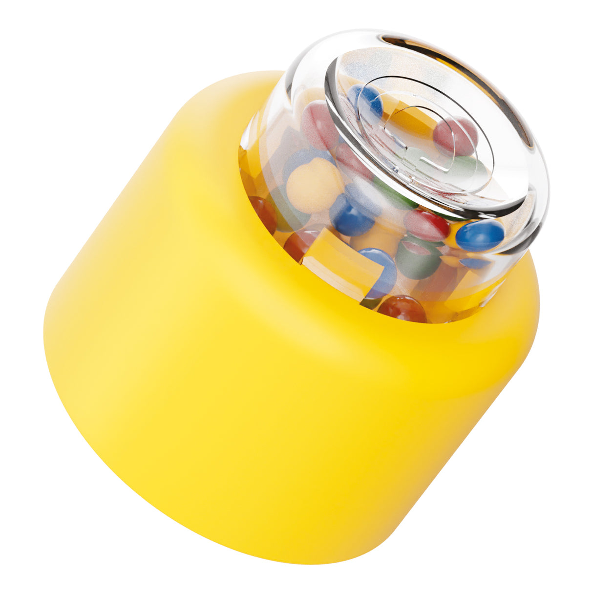 Yellow baby rattle toy with transparent top containing colorful beads inside for sensory play