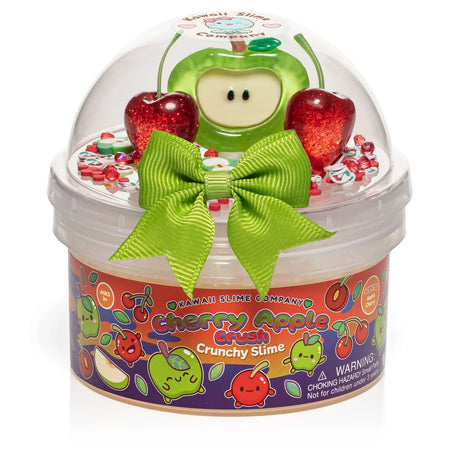 Cherry Apple Crush Crunchy Slime in a clear tub with cherry and apple themed packaging