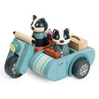 Badger Picnic Motorbike Ride wooden toy with two badger figures in a teal motorbike and sidecar