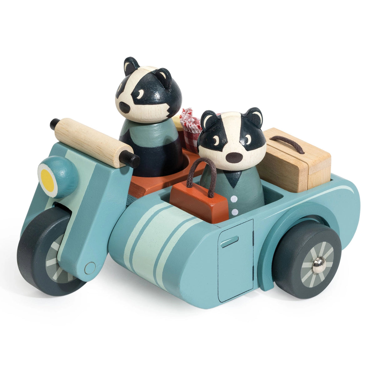 Badger Picnic Motorbike Ride wooden toy with two badger figures in a teal motorbike and sidecar