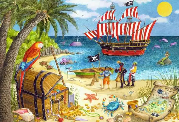 24pc Pirates & Mermaids Puzzles featuring a pirate ship, treasure chest, mermaid, and colorful tropical beach scene