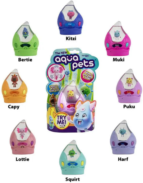 Eight colorful interactive Aqua Pets toys each with unique characters and names displayed on packaging and near.