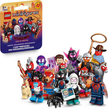 LEGO Spider-Man Across the Spider-Verse minifigures featuring multiple Spider heroes and accessories for kids to collect.