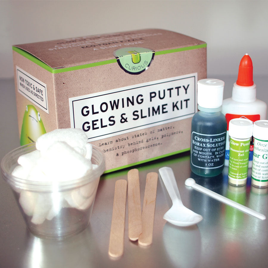 Glowing Putty Gels & Slime Kit with slime supplies, containers, bottles, mixing sticks, and spoon