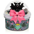 Cursed But Cute Crunchy Slime container with black cat topper and bright pink bow