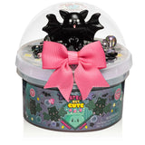 Cursed But Cute Crunchy Slime container with black cat topper and bright pink bow