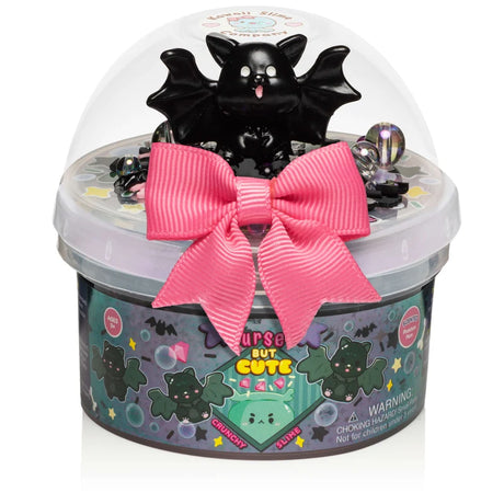 Cursed But Cute Crunchy Slime container with black cat topper and bright pink bow
