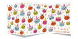 Tri-fold birthday card with colorful cats wearing party hats and cheerful starburst decorations on white background.