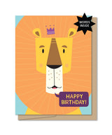 Illustration of a friendly lion wearing a small crown with a speech bubble saying Happy Birthday on a cheerful card cover