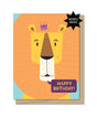 Illustration of a friendly lion wearing a small crown with a speech bubble saying Happy Birthday on a cheerful card cover