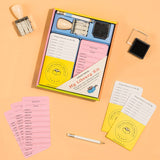 Home library kit for kids with date stamp, checkout cards, pencil, and adhesive pockets for book lending fun