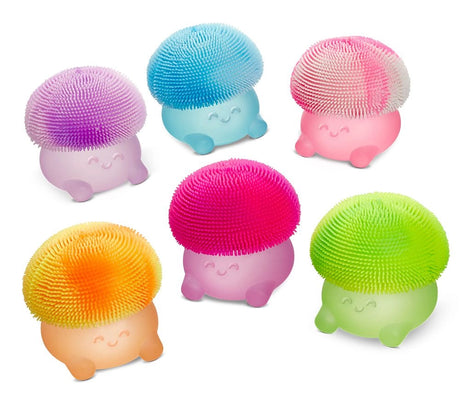 Super Duper Sugar Squisher | Mushroom in assorted colors with fuzzy caps and squishy, bounce-back texture for sensory play.
