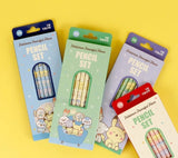 Pokemon Pencil Set packages with colorful character themed pencils on a yellow background