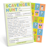 Scavenger hunt notepad for kids with fun prompts and colorful stickers to inspire indoor and outdoor adventures.