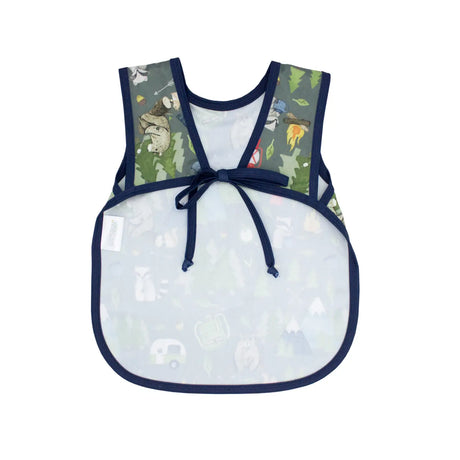 Bapron | Camping Bears 6M-3T waterproof baby bib-apron with full coverage and secure horizontal ties for toddlers.