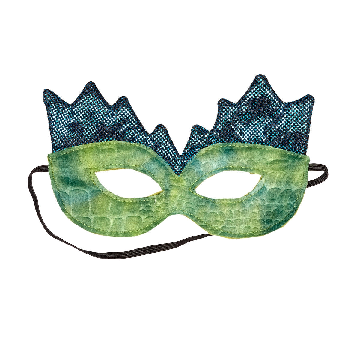 Green textured dinosaur mask with blue spiked detail and elastic strap for kids' imaginative play.