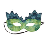 Green textured dinosaur mask with blue spiked detail and elastic strap for kids' imaginative play.