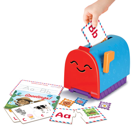 Alphabet Learning Mailbox with letter puzzles, write & wipe postcards, and reusable postage stamp stickers for preschool learning.