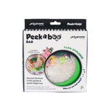 Square package of a green round sensory toy filled with white beads and small colorful farm animal figures inside