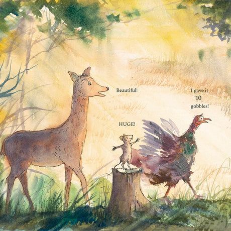 Watercolor illustration from The Moon Over Malibu Maine showing a deer, mouse, and turkey in a sunlit forest setting.